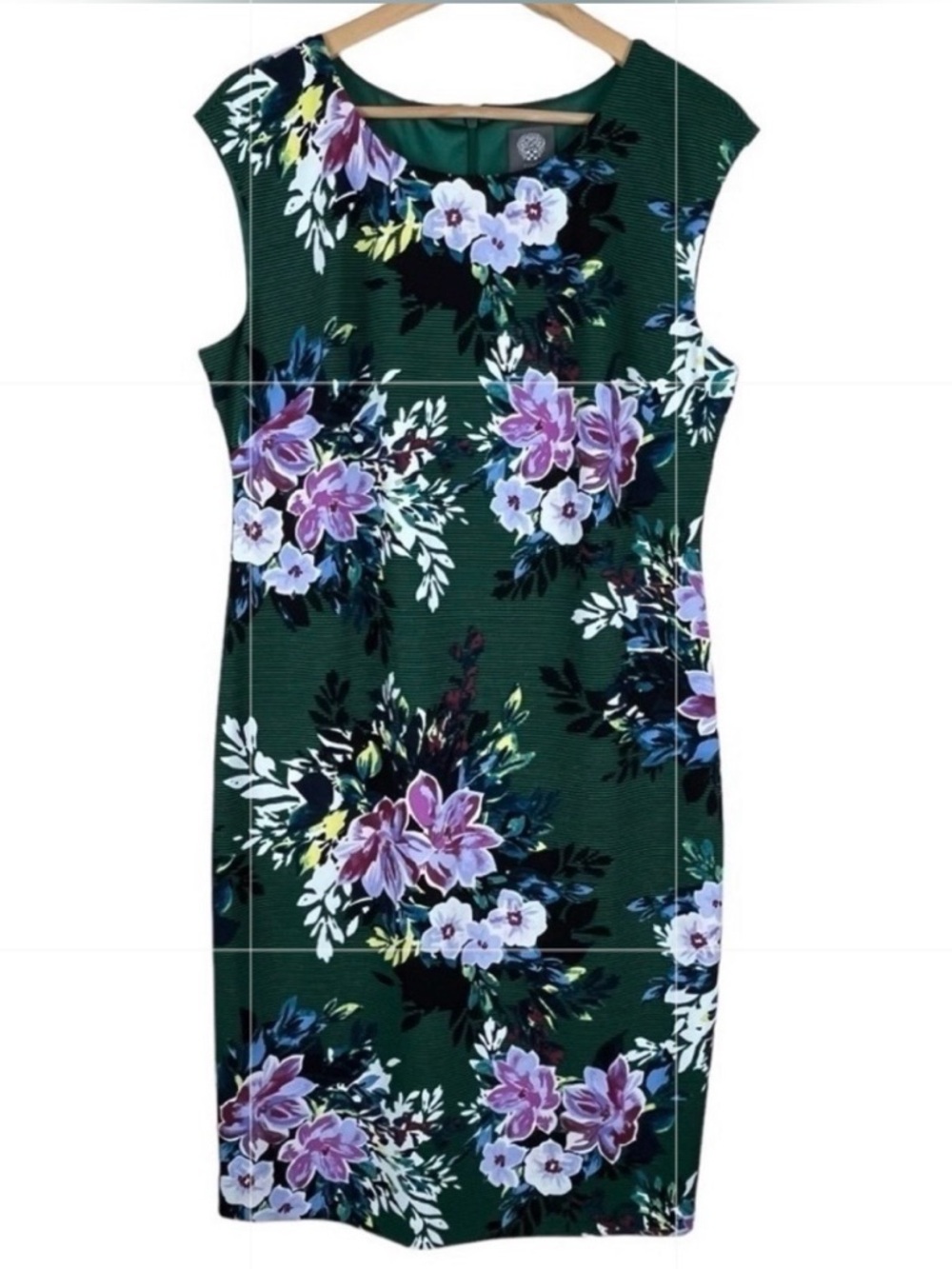 Vince Camuto Floral Sheath Dress Green Scuba Knit Sleeveless Size 16